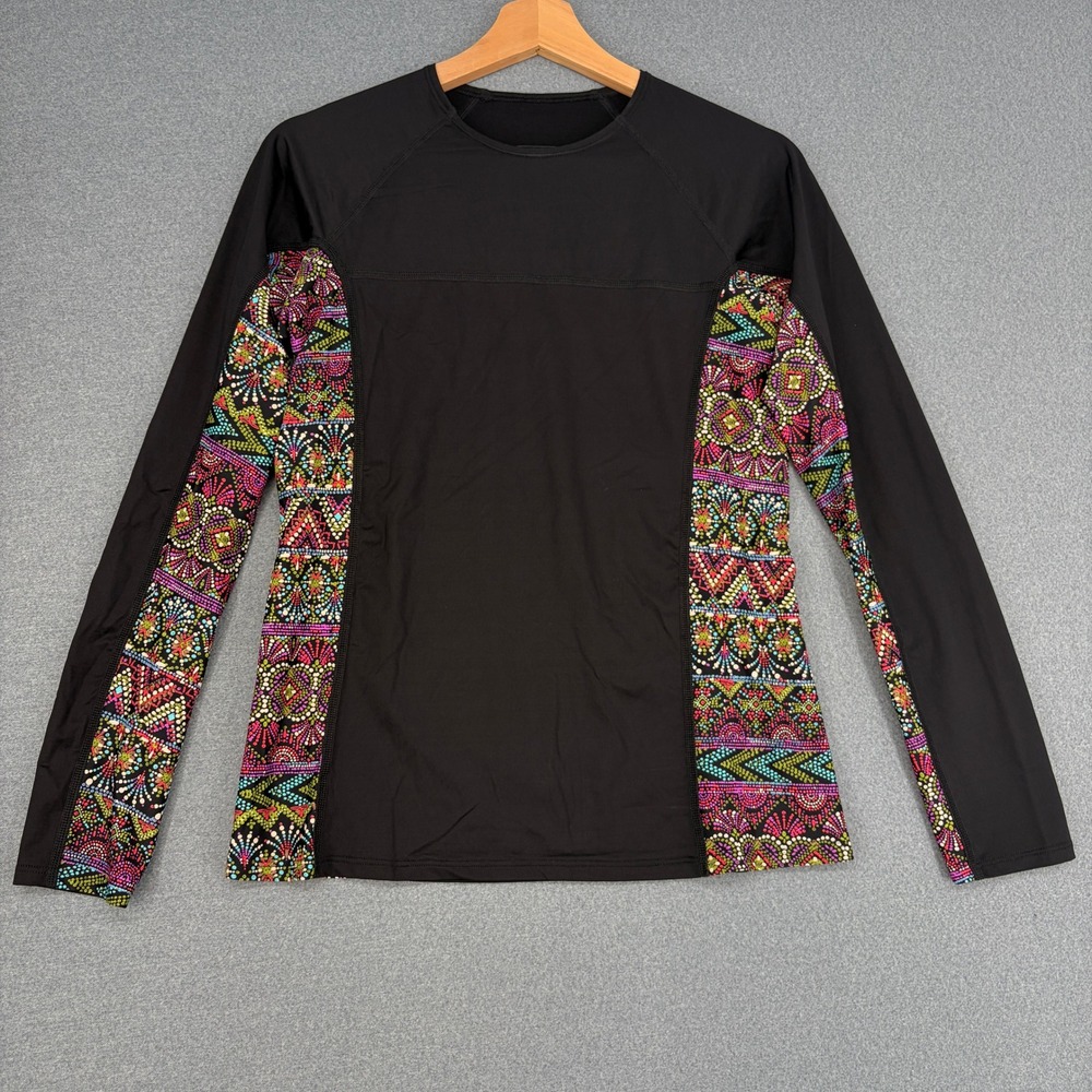 Patagonia Womens Medium Black Colorful Mosaic Print Long Sleeve Rash Guard Swim